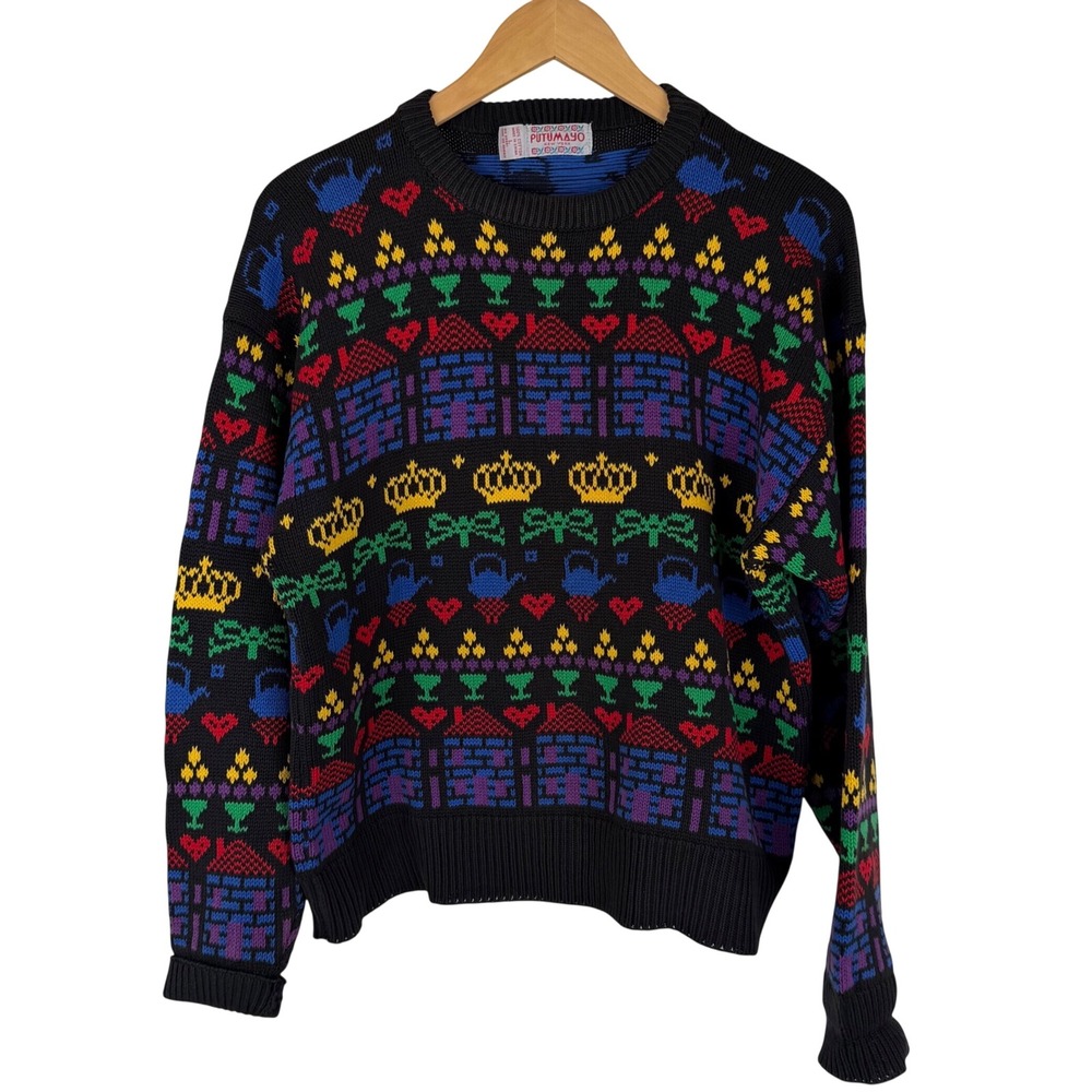 Vintage Putumayo New York Cotton Intarsia Novelty Knit Sweater Black Large